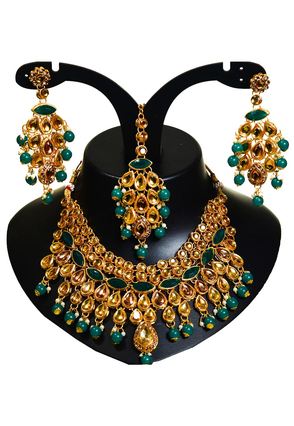 Teal Alloy Austrian Diamond Necklace Set With Earrings and Maang Tikka 247911