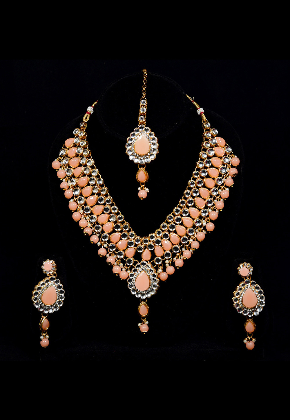 Pink Alloy Austrian Diamond Necklace Set With Earrings and Maang Tikka 247912