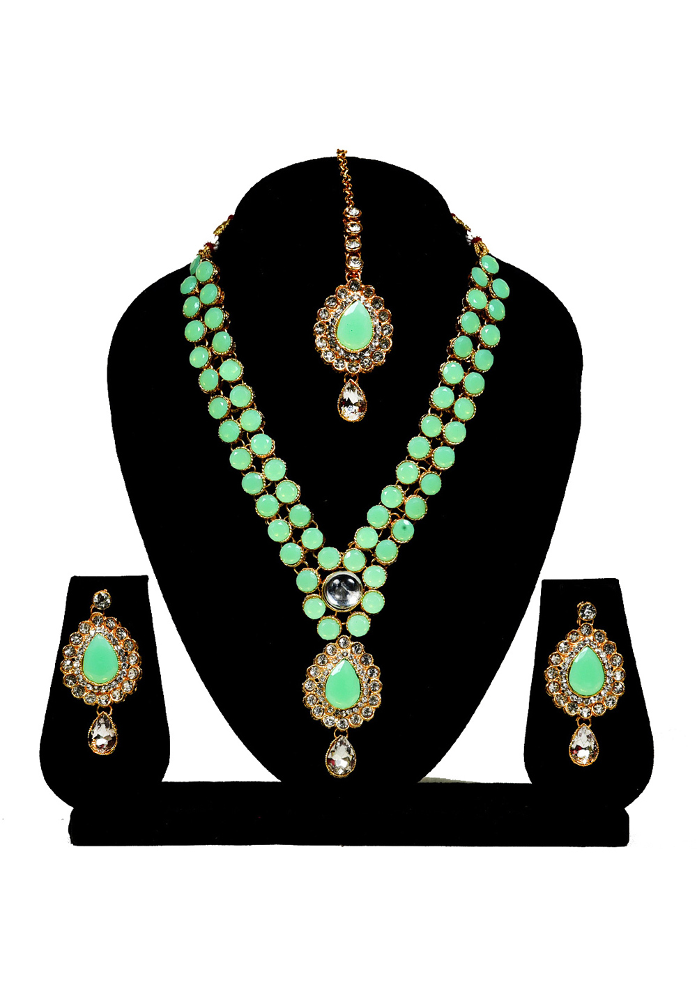 Sea Green Alloy Austrian Diamond Necklace Set With Earrings and Maang Tikka 247913
