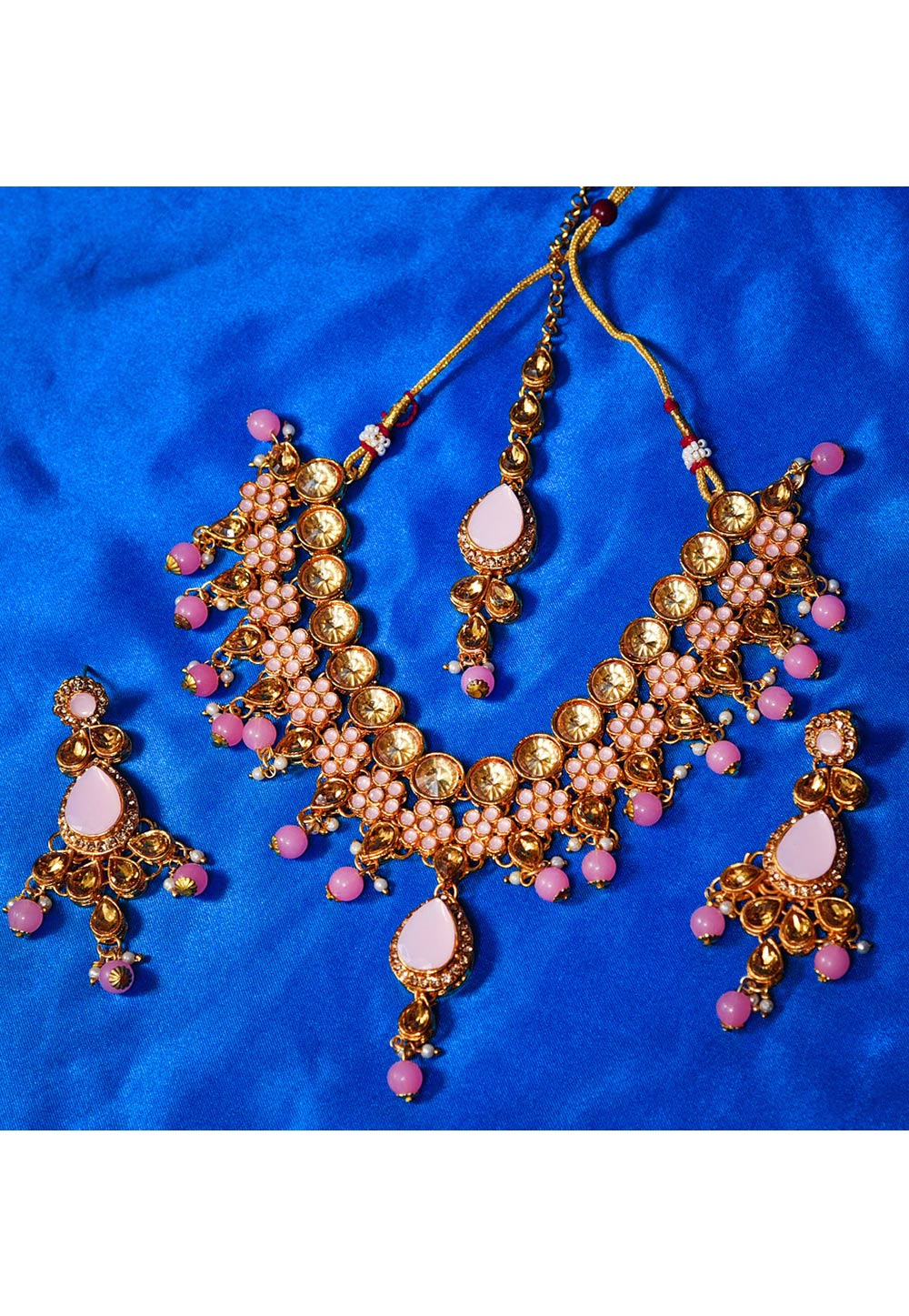 Pink Alloy Austrian Diamond Necklace Set With Earrings and Maang Tikka 247914