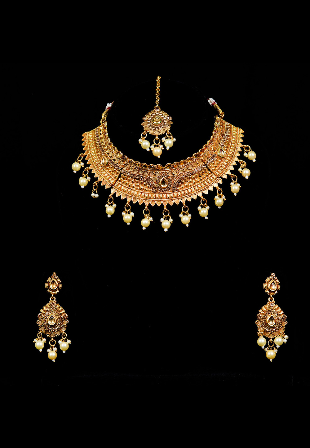 Golden Alloy Austrian Diamond Necklace Set With Earrings and Maang Tikka 247915