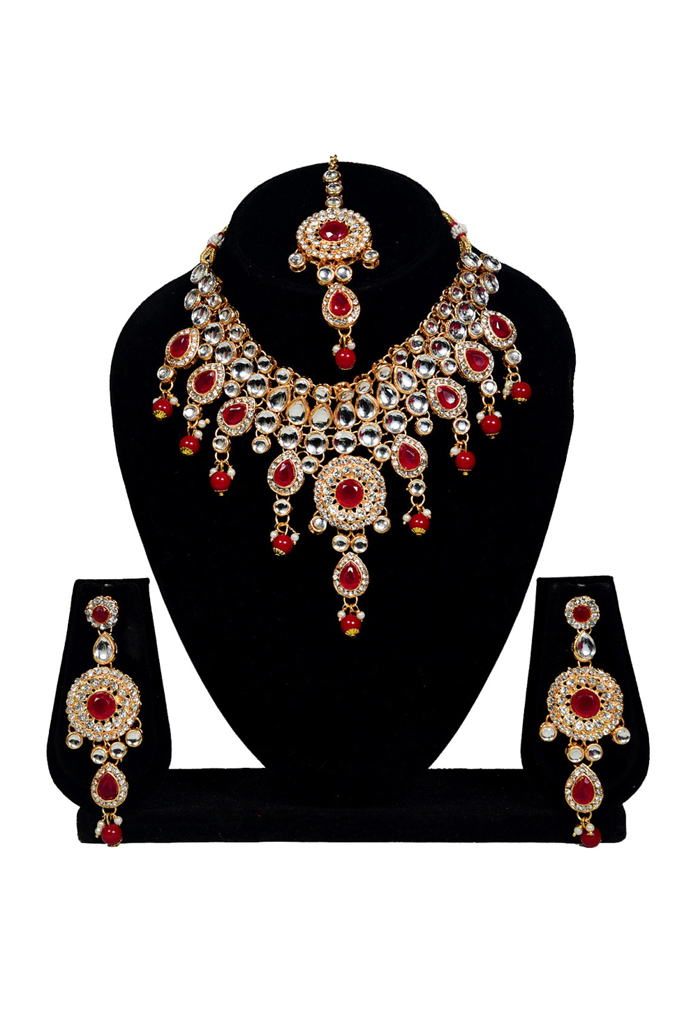 Red Alloy Austrian Diamond Necklace Set With Earrings and Maang Tikka 247916