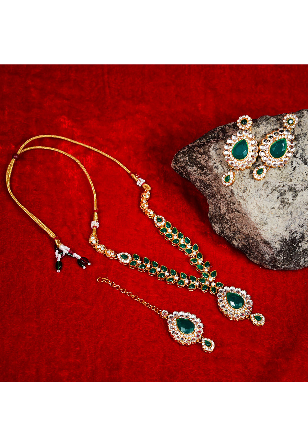 Green Alloy Austrian Diamond Necklace Set With Earrings and Maang Tikka 247917