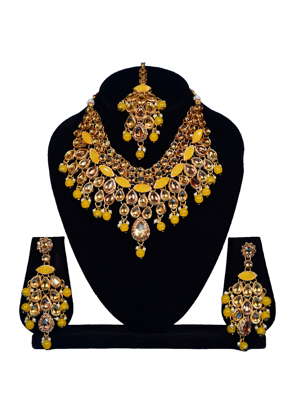 Yellow Alloy Austrian Diamond Necklace Set With Earrings and Maang Tikka 247918