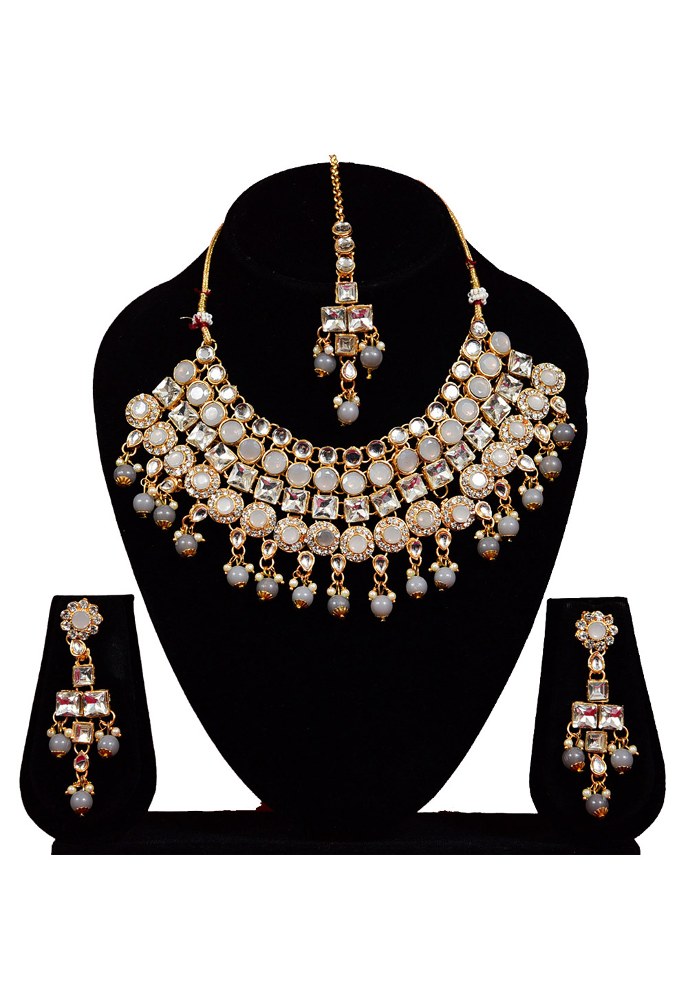 Grey Alloy Austrian Diamond Necklace Set With Earrings and Maang Tikka 247919