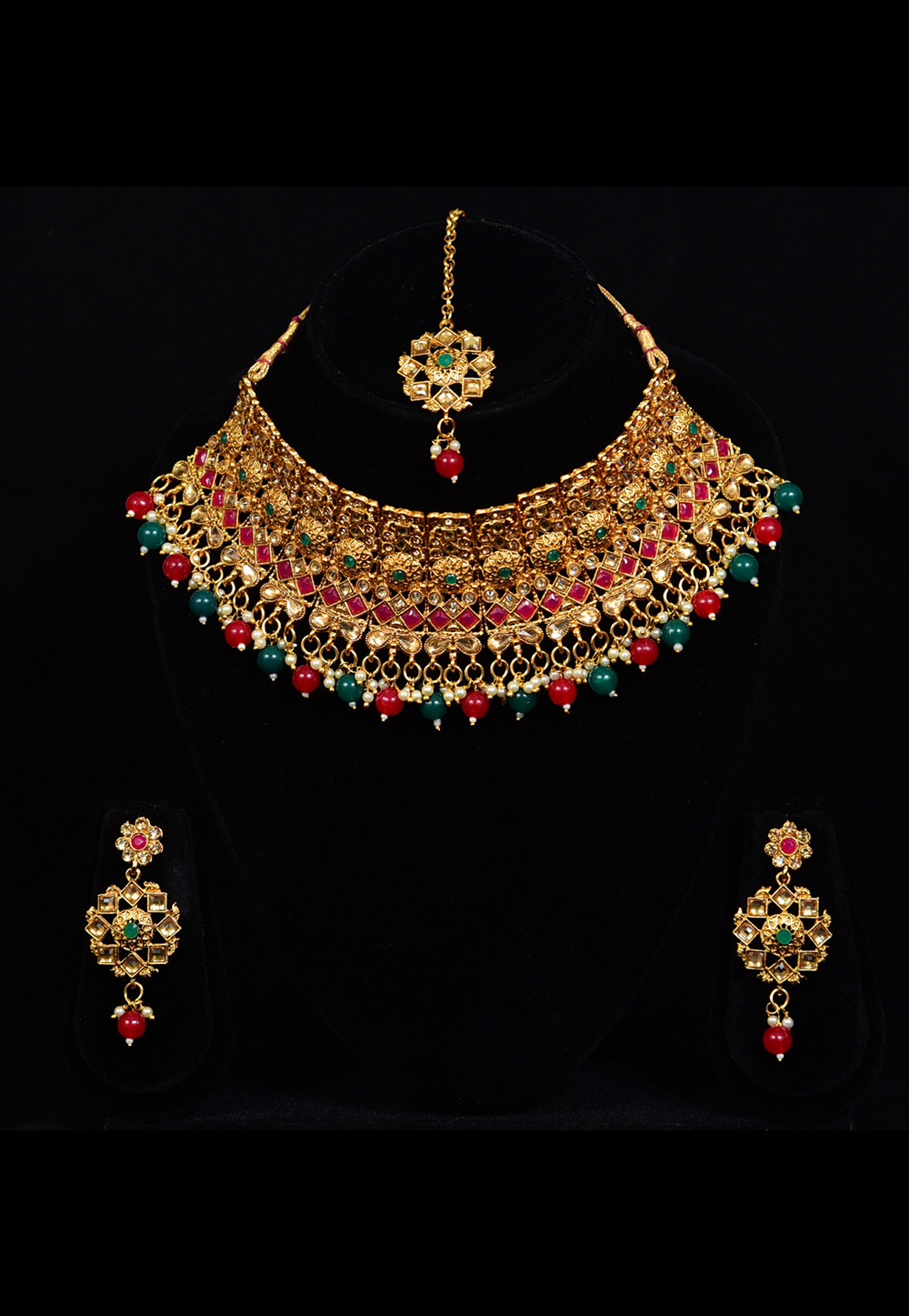 Golden Alloy Austrian Diamond Necklace Set With Earrings and Maang Tikka 247920
