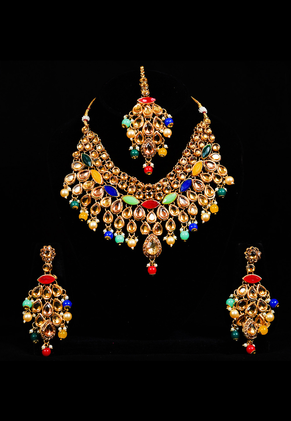 Golden Alloy Austrian Diamond Necklace Set With Earrings and Maang Tikka 247921