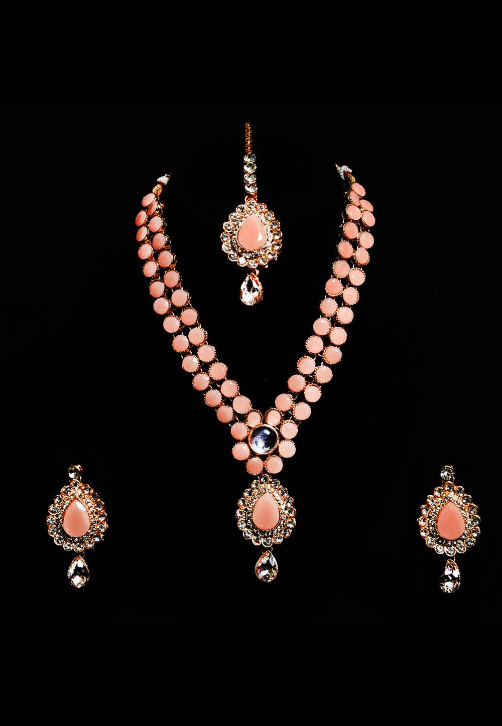 Pink Alloy Austrian Diamond Necklace Set With Earrings and Maang Tikka 247922