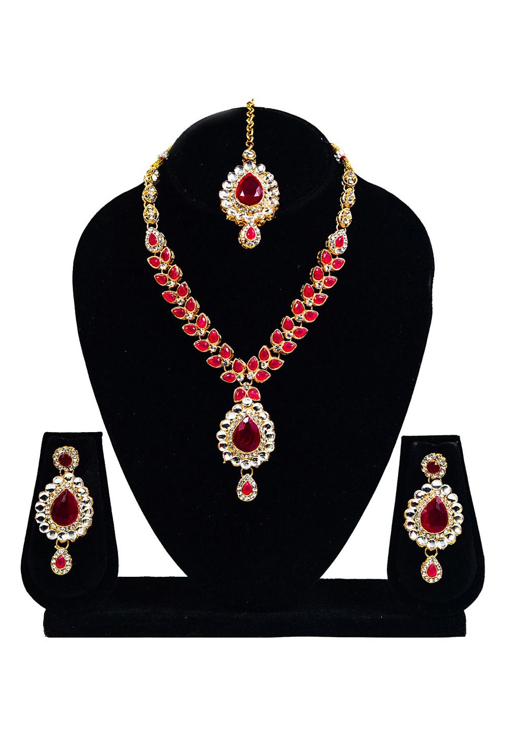 Magenta Alloy Austrian Diamond Necklace Set With Earrings and Maang Tikka 247923