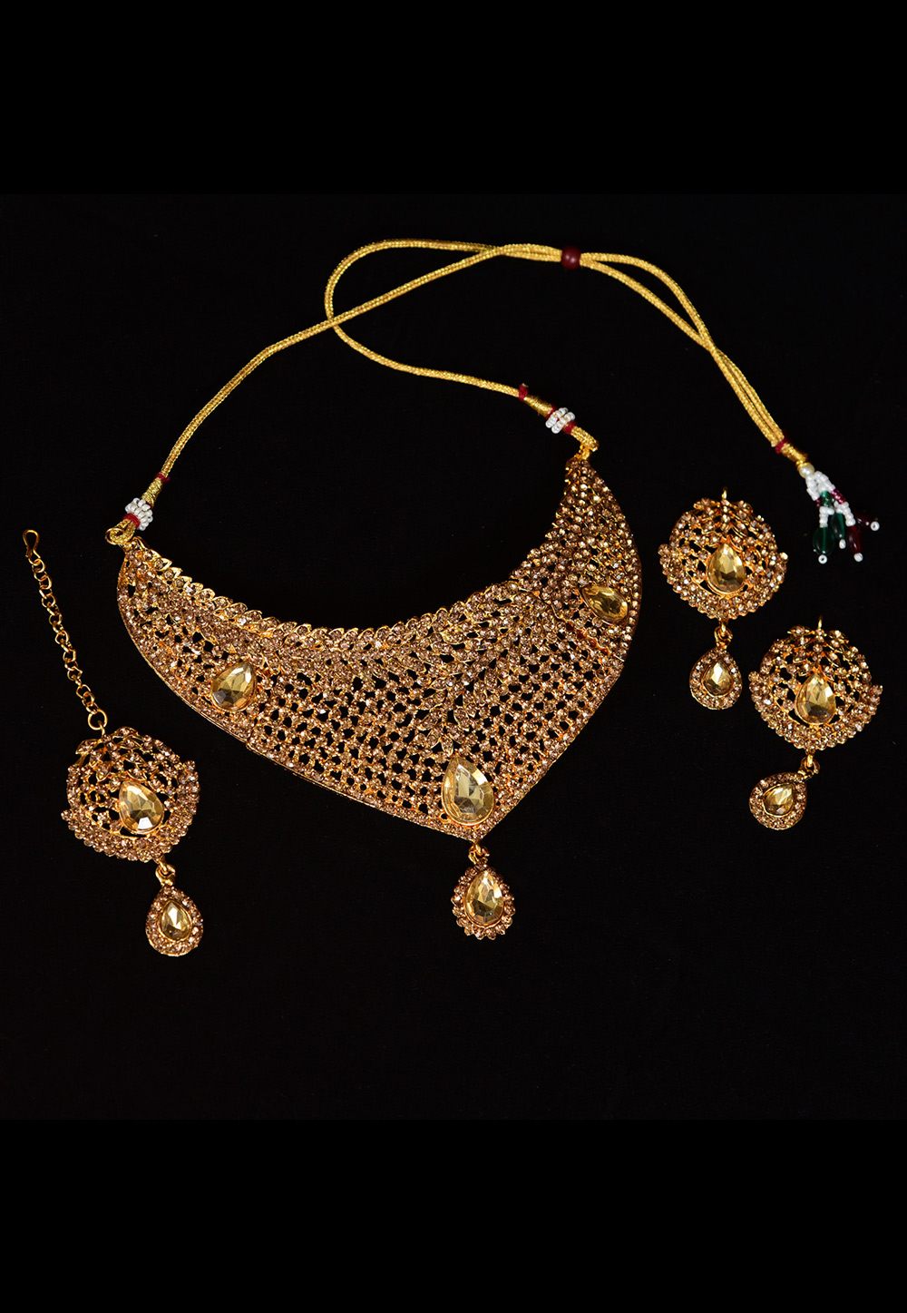 Golden Alloy Austrian Diamond Necklace Set With Earrings and Maang Tikka 247924