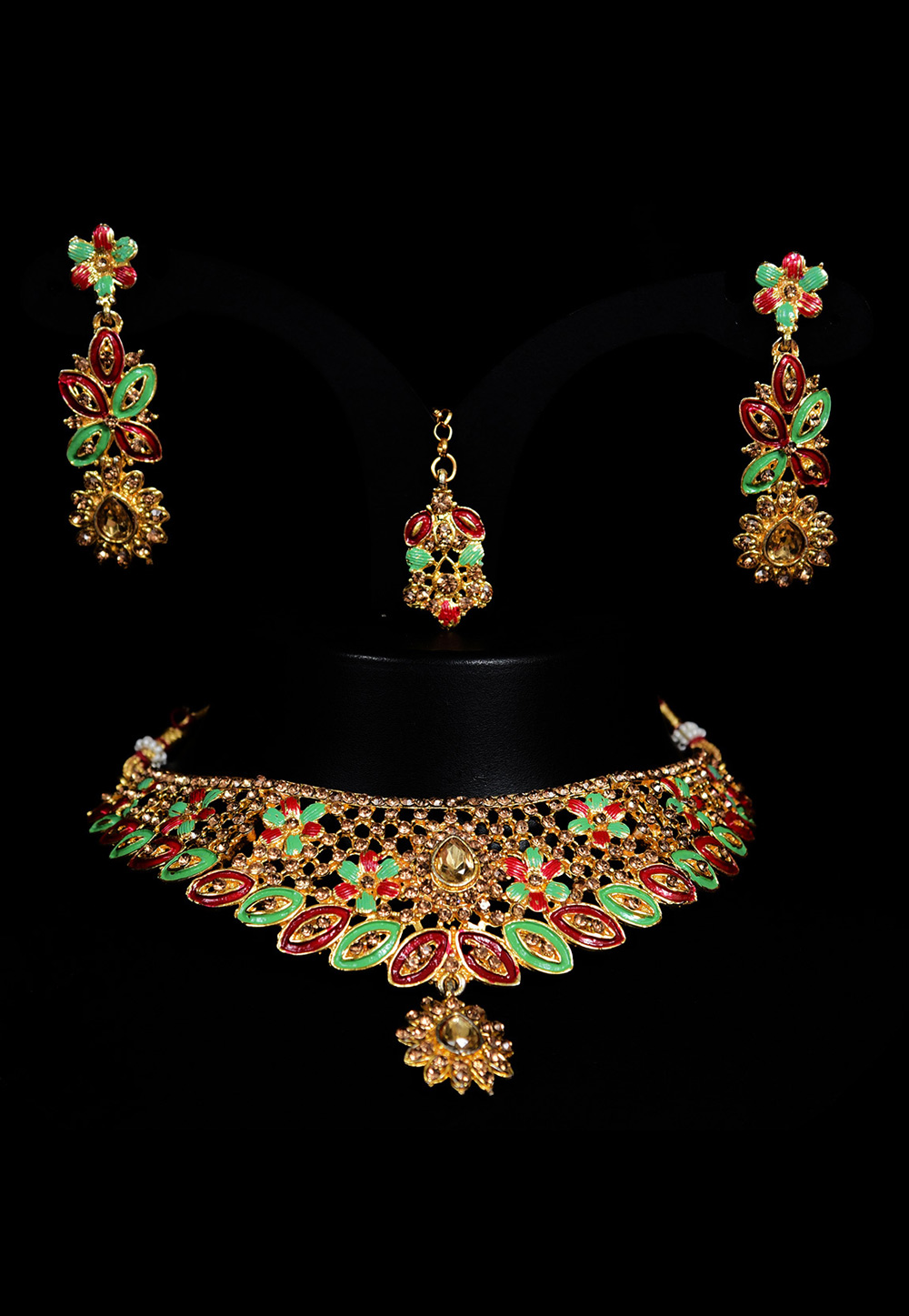Light Green Alloy Austrian Diamond Necklace Set With Earrings and Maang Tikka 247925