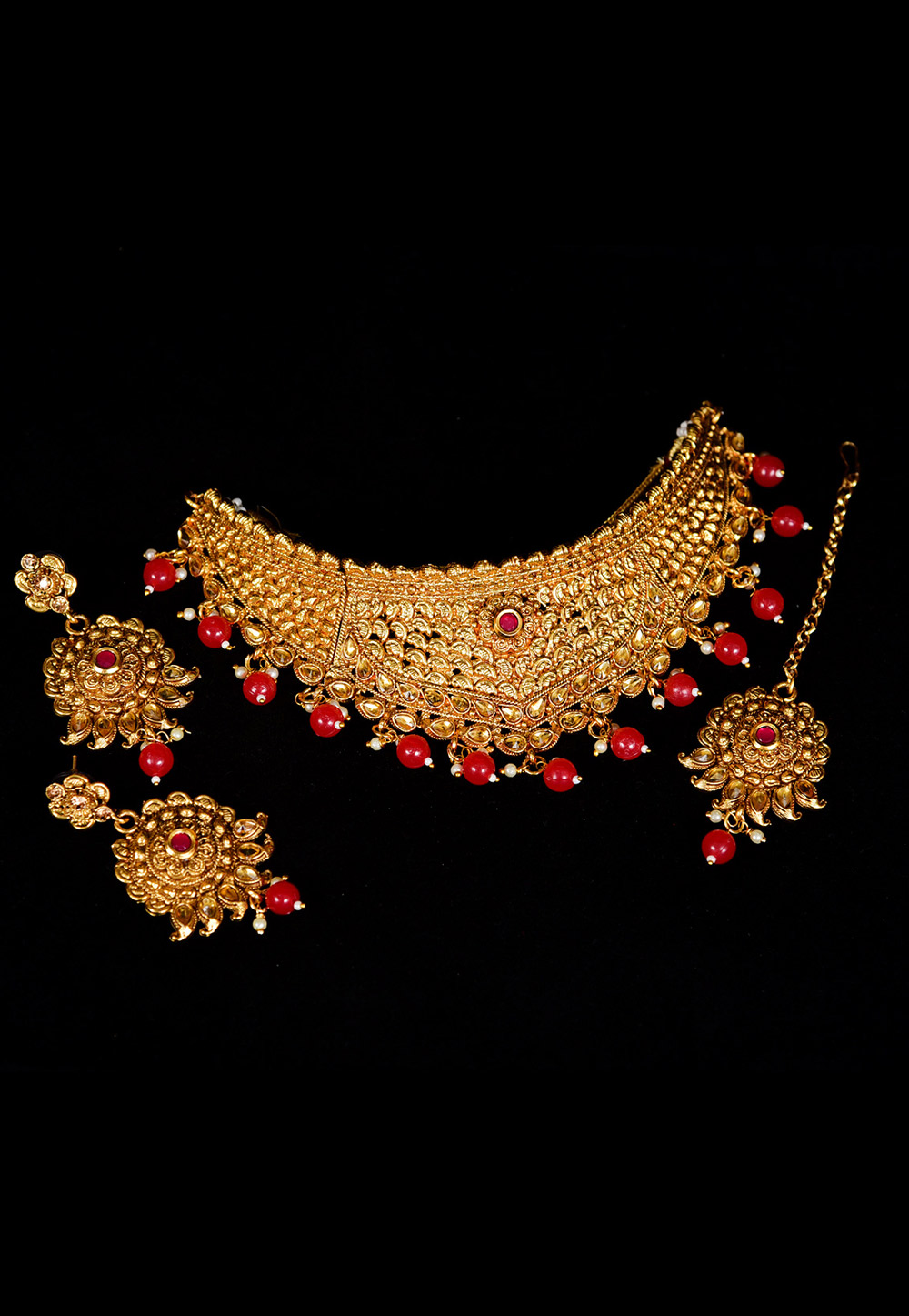 Red Alloy Austrian Diamond Necklace Set With Earrings and Maang Tikka 247928