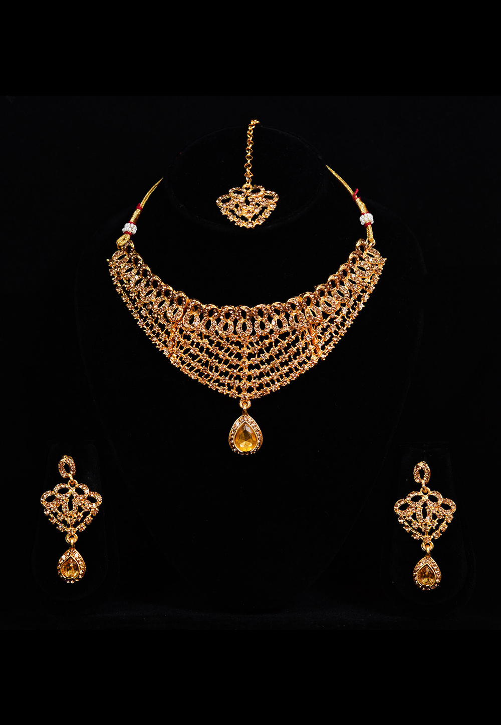 Golden Alloy Austrian Diamond Necklace Set With Earrings and Maang Tikka 247929