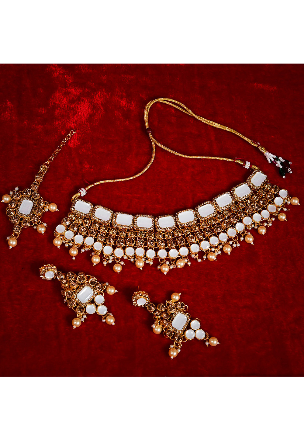 White Alloy Austrian Diamond Necklace Set With Earrings and Maang Tikka 247931