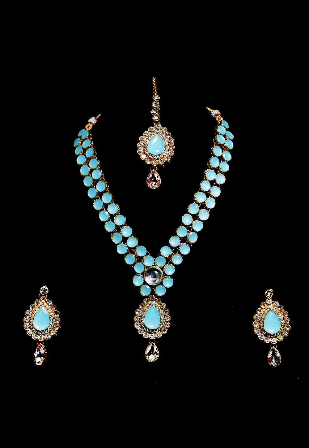 Sky Blue Alloy Austrian Diamond Necklace Set With Earrings and Maang Tikka 247933