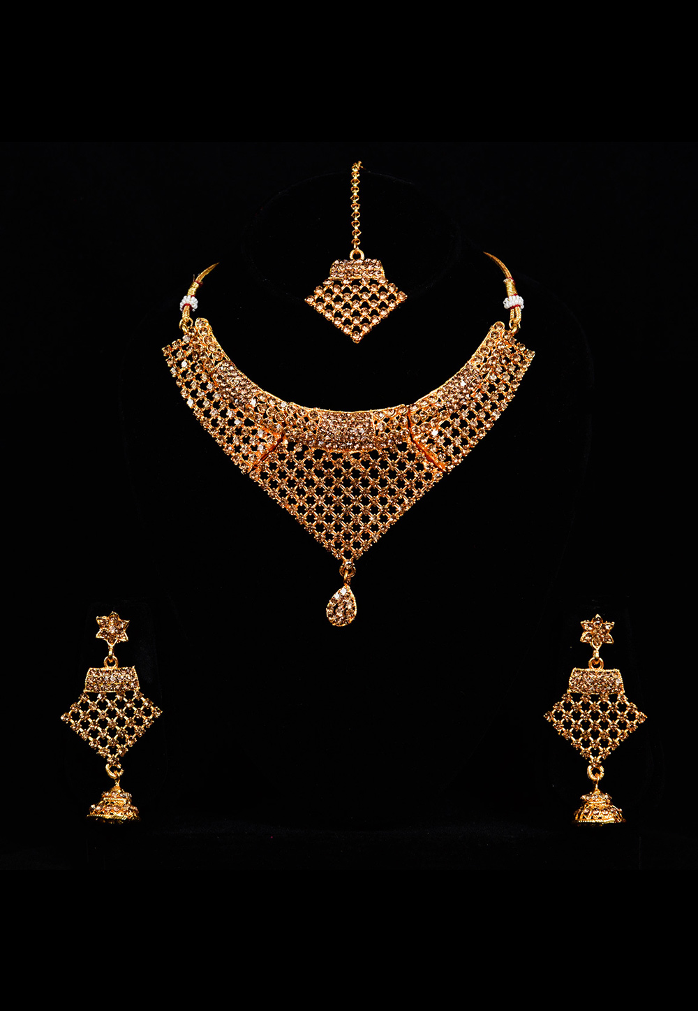 Golden Alloy Austrian Diamond Necklace Set With Earrings and Maang Tikka 247934
