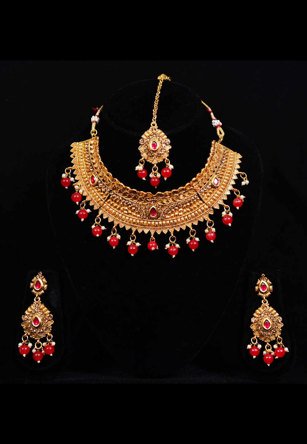 Red Alloy Austrian Diamond Necklace Set With Earrings and Maang Tikka 247935