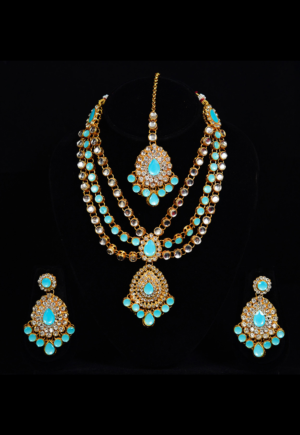 Sky Blue Alloy Austrian Diamond Necklace Set With Earrings and Maang Tikka 247936