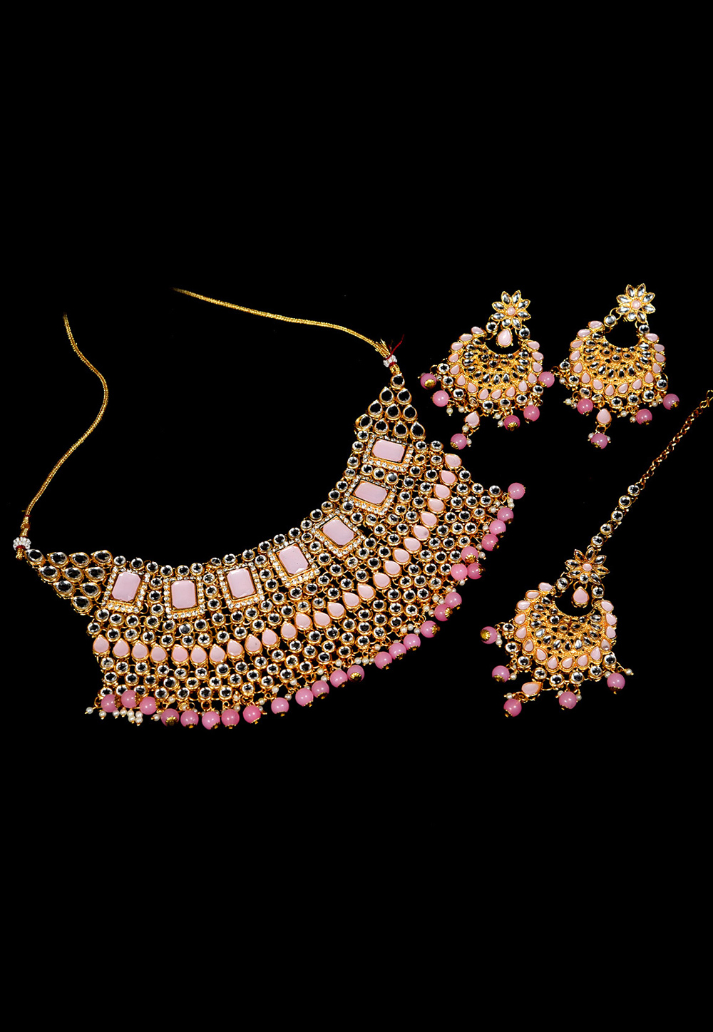 Pink Alloy Austrian Diamond Necklace Set With Earrings and Maang Tikka 247937