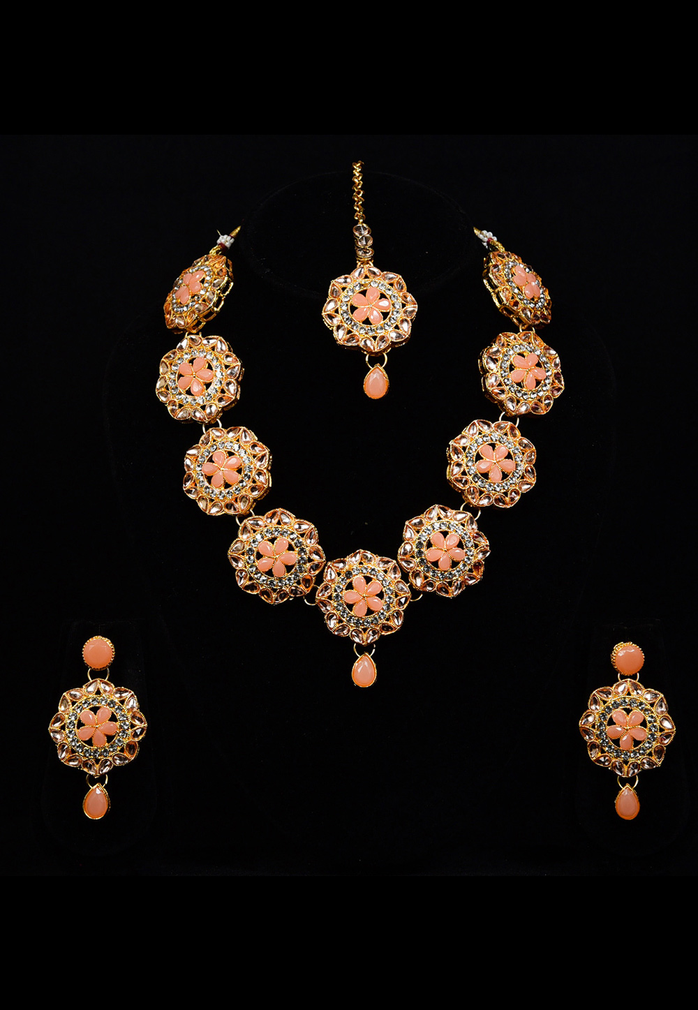 Peach Alloy Austrian Diamond Necklace Set With Earrings and Maang Tikka 247938