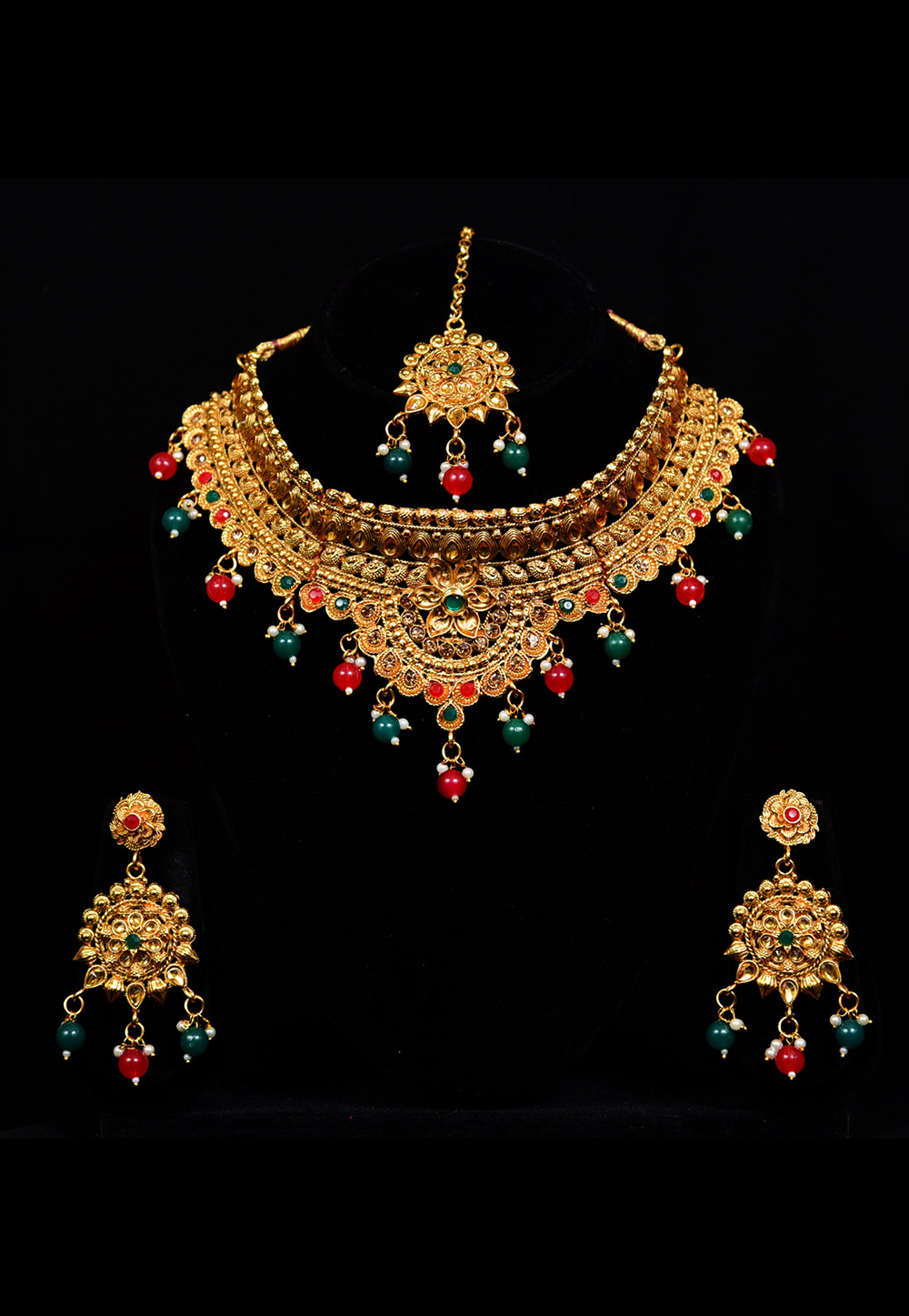 Golden Alloy Austrian Diamond Necklace Set With Earrings and Maang Tikka 247939