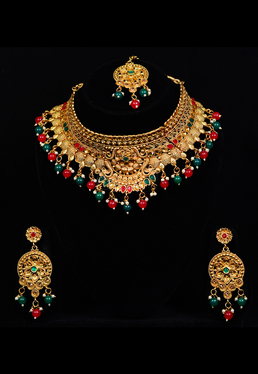 Golden Alloy Austrian Diamond Necklace Set With Earrings and Maang Tikka 247941
