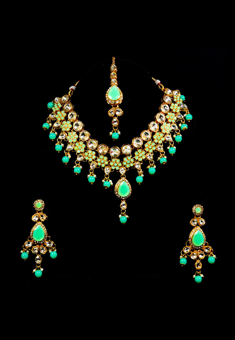 Light Green Alloy Austrian Diamond Necklace Set With Earrings and Maang Tikka 247943
