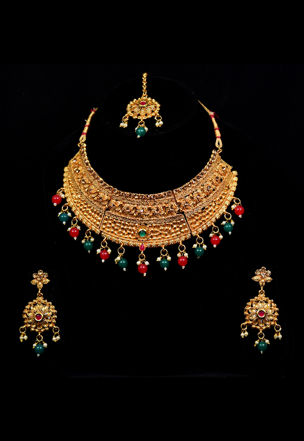 Golden Alloy Austrian Diamond Necklace Set With Earrings and Maang Tikka 247944