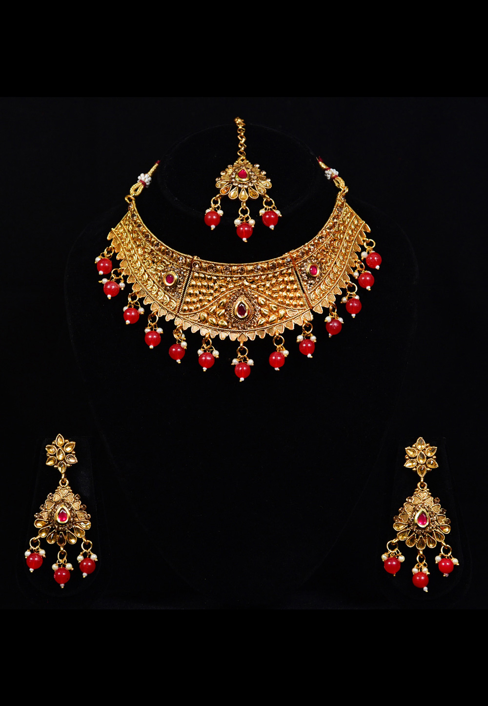 Red Alloy Austrian Diamond Necklace Set With Earrings and Maang Tikka 247947