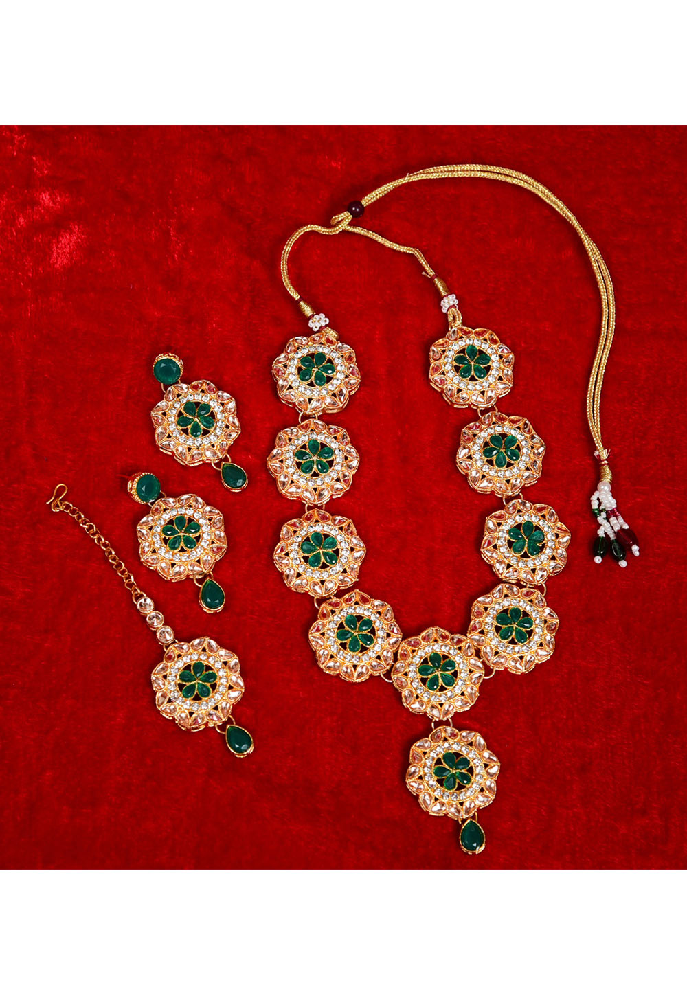 Green Alloy Austrian Diamond Necklace Set With Earrings and Maang Tikka 247948