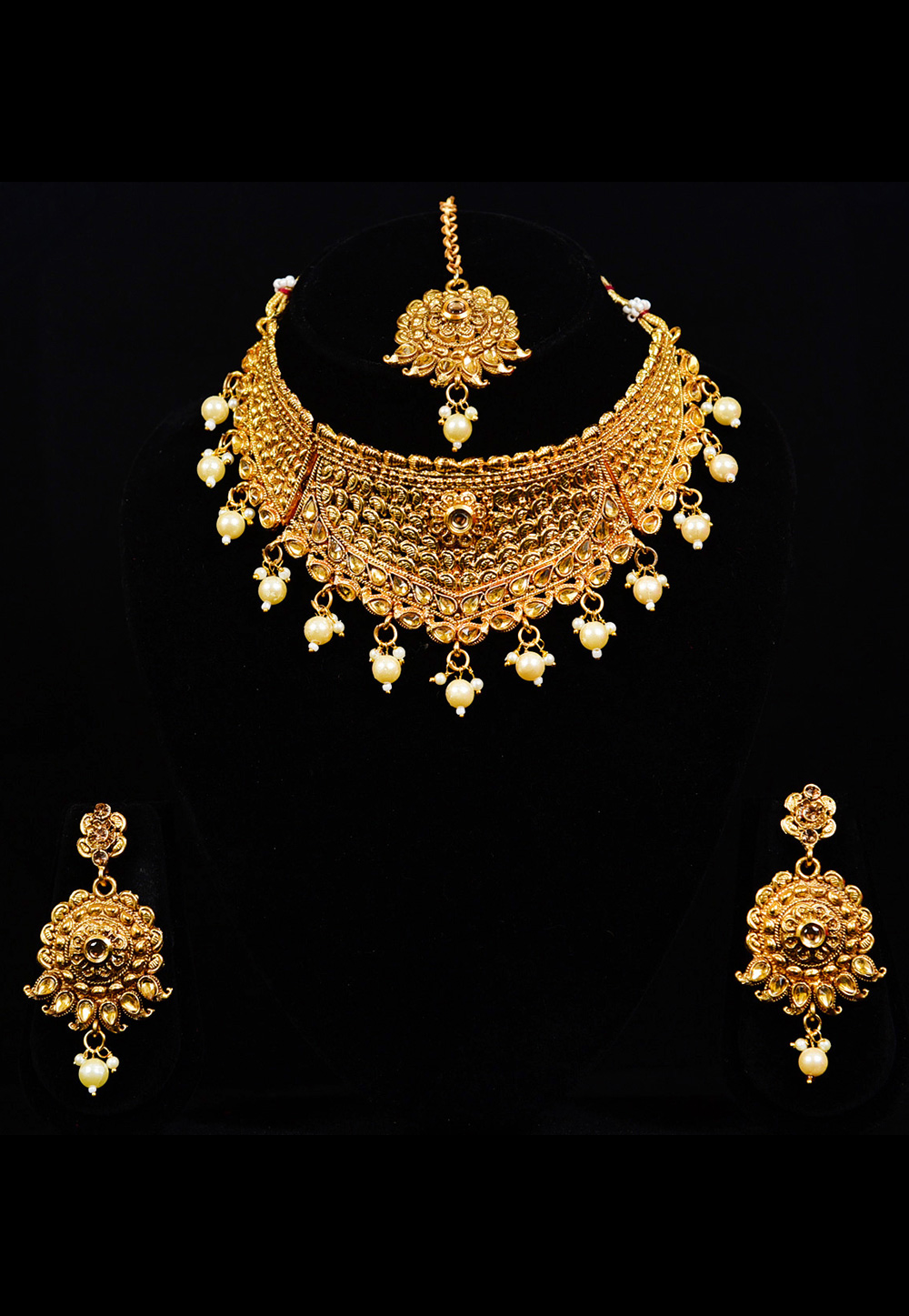 Golden Alloy Austrian Diamond Necklace Set With Earrings and Maang Tikka 247949