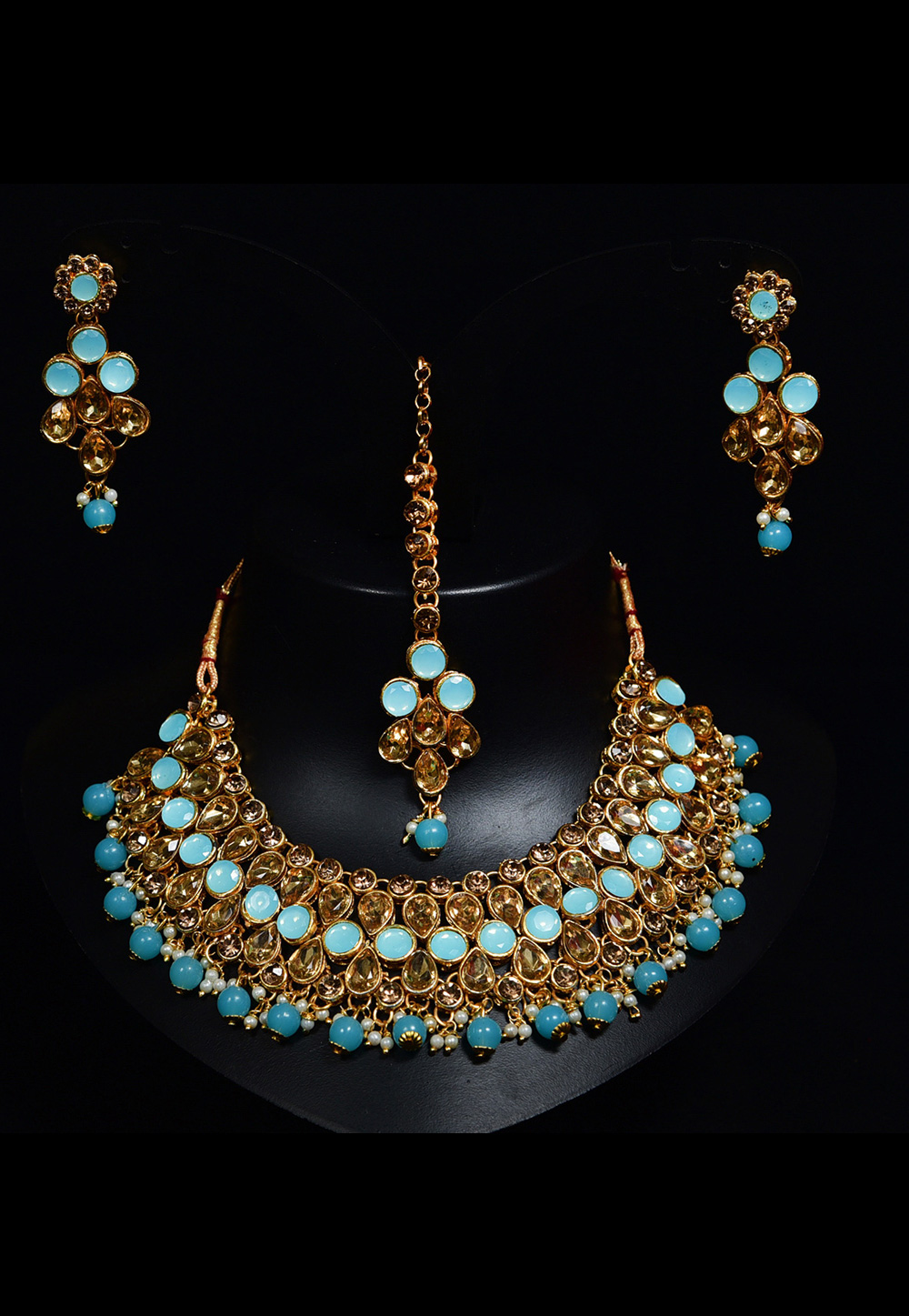 Sky Blue Alloy Austrian Diamond Necklace Set With Earrings and Maang Tikka 247950