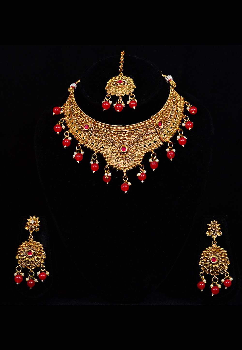 Red Alloy Austrian Diamond Necklace Set With Earrings and Maang Tikka 247952