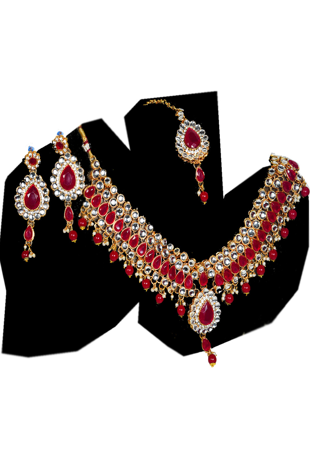 Red Alloy Austrian Diamond Necklace Set With Earrings and Maang Tikka 247953