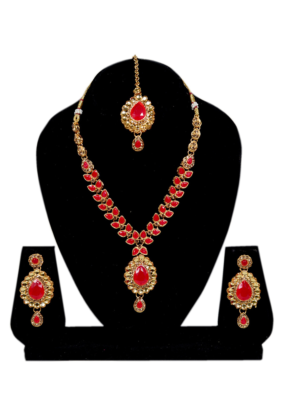Red Alloy Austrian Diamond Necklace Set With Earrings and Maang Tikka 247954