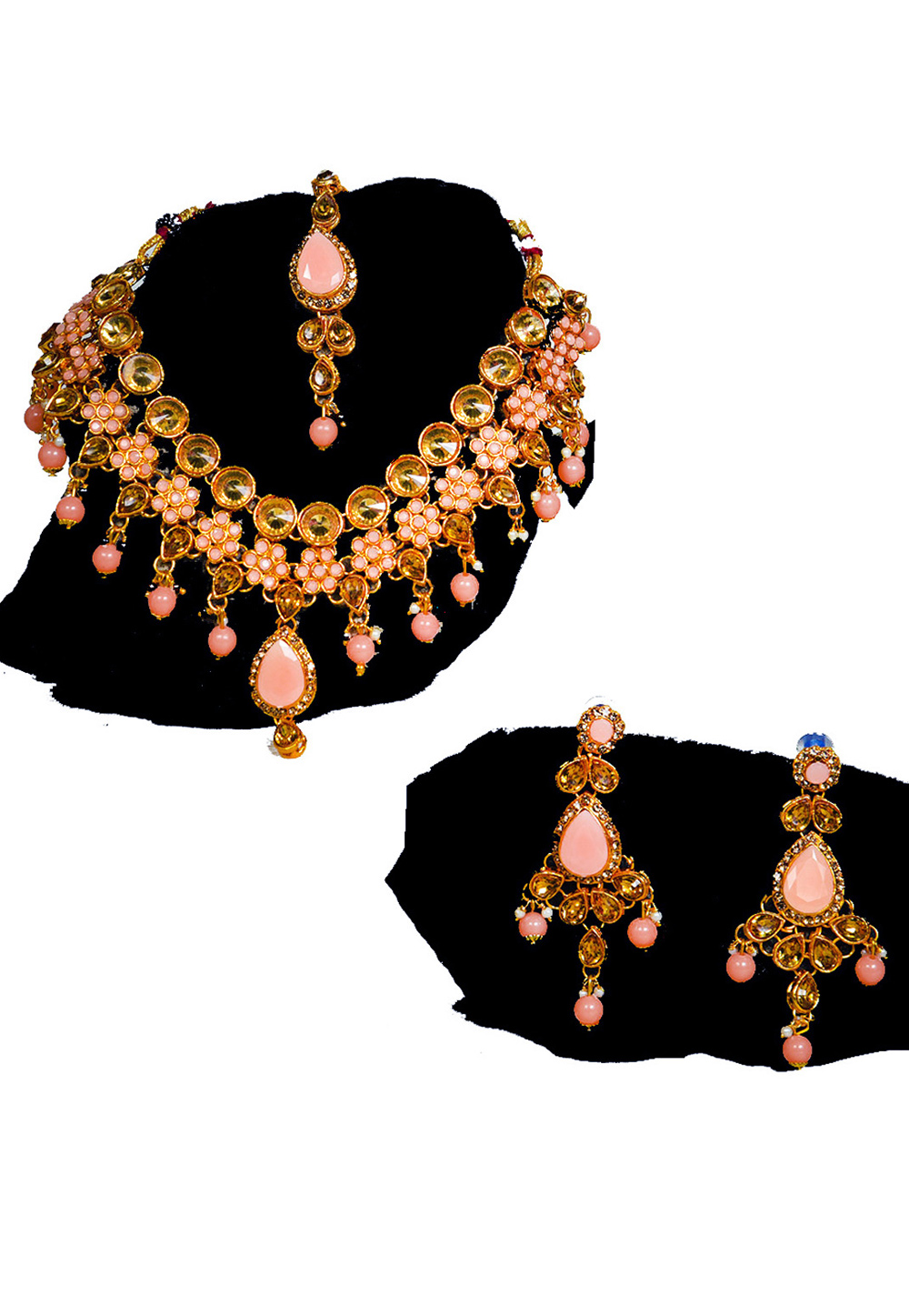 Pink Alloy Austrian Diamond Necklace Set With Earrings and Maang Tikka 247956