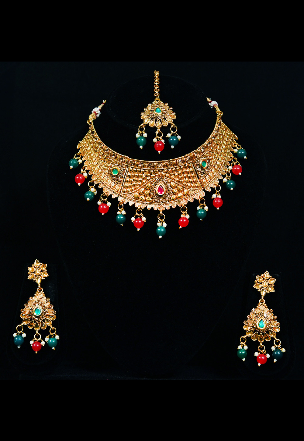 Golden Alloy Austrian Diamond Necklace Set With Earrings and Maang Tikka 247959