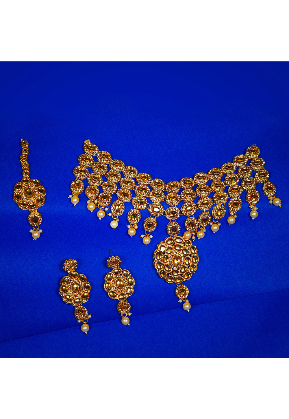 Golden Alloy Austrian Diamond Necklace Set With Earrings and Maang Tikka 247961