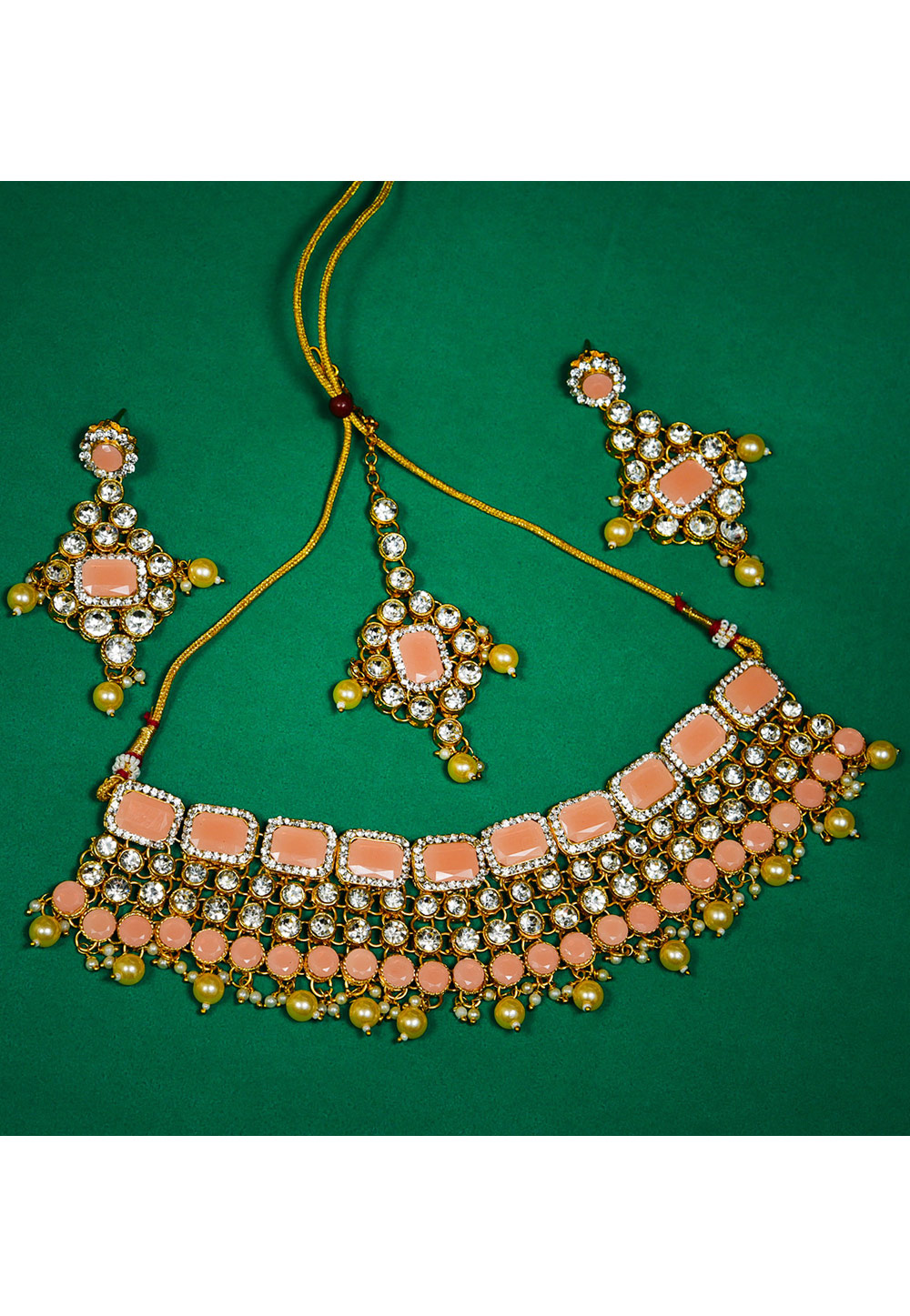Peach Alloy Austrian Diamond Necklace Set With Earrings and Maang Tikka 247962