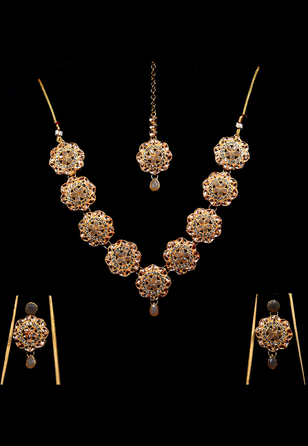 Golden Alloy Austrian Diamond Necklace Set With Earrings and Maang Tikka 247963