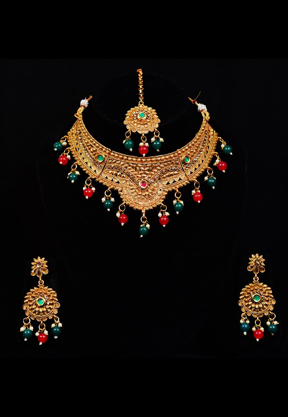 Golden Alloy Austrian Diamond Necklace Set With Earrings and Maang Tikka 247964