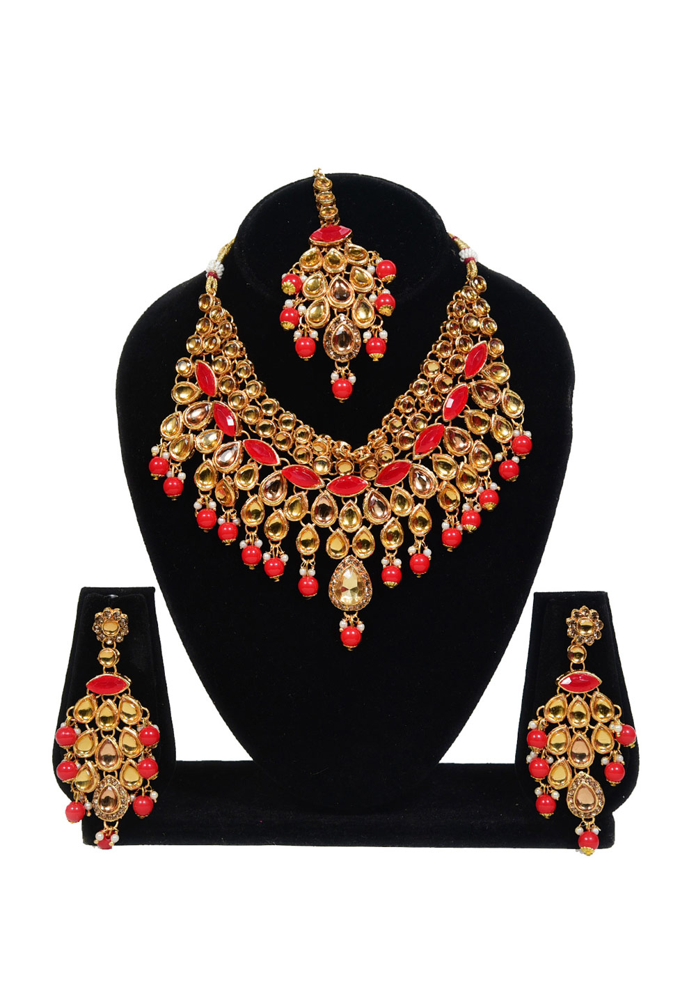 Red Alloy Austrian Diamond Necklace Set With Earrings and Maang Tikka 247965