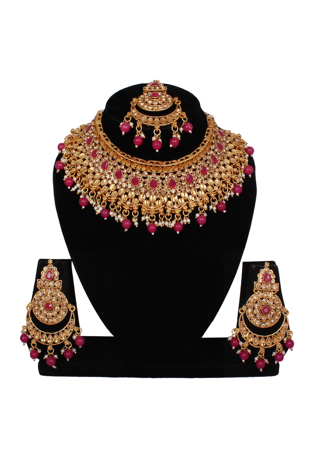 Pink Alloy Necklace Set With Earrings and Maang Tikka 257267