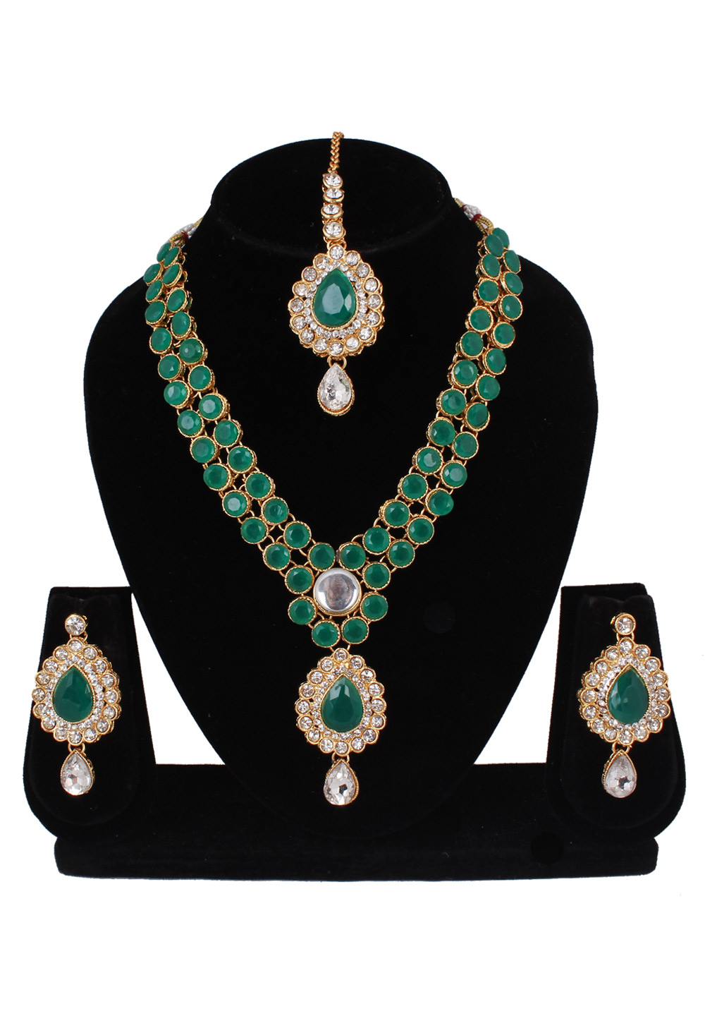 Green Alloy Necklace Set With Earrings and Maang Tikka 257268