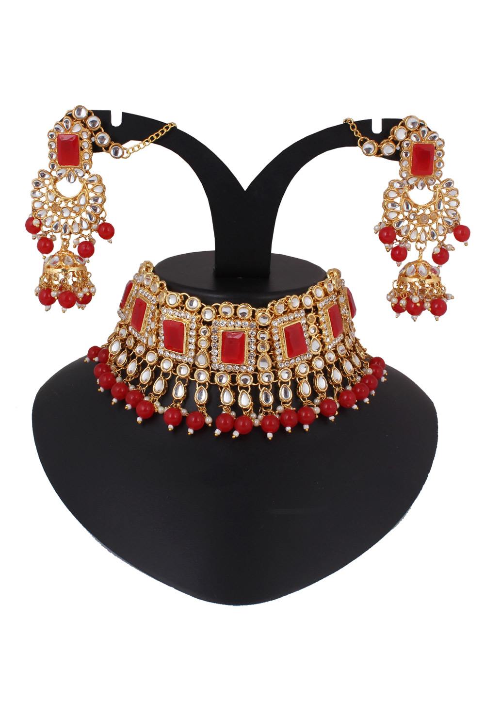 Red Alloy Necklace Set Earrings 257270