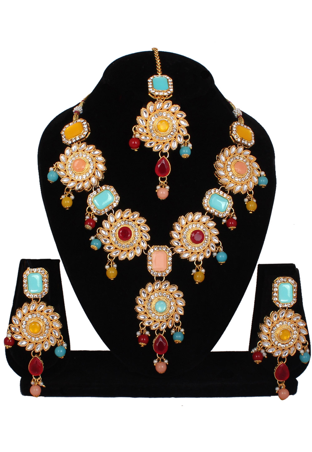 Yellow Alloy Necklace Set With Earrings and Maang Tikka 257271