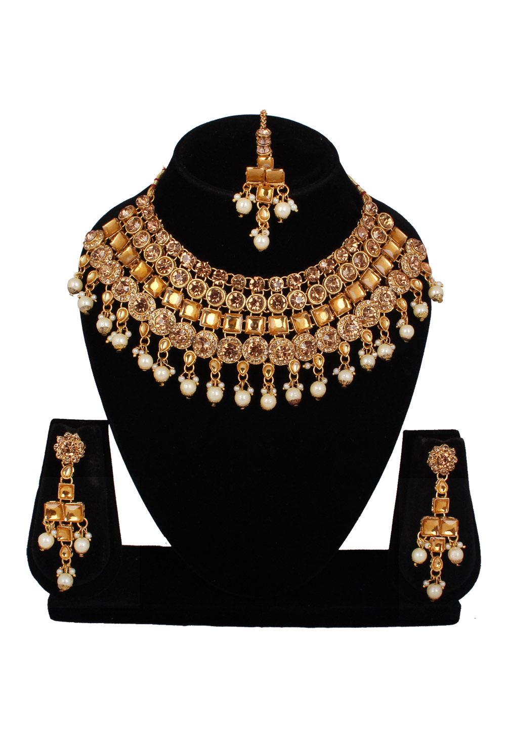 Golden Alloy Necklace Set With Earrings and Maang Tikka 257272