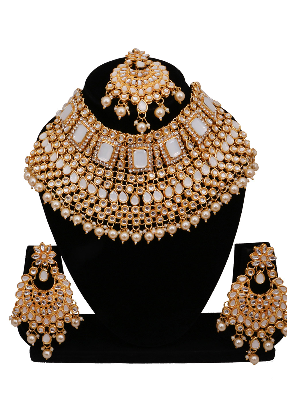White Alloy Austrian Diamonds and Kundan Necklace Set With Earrings and Maang Tikka 272541