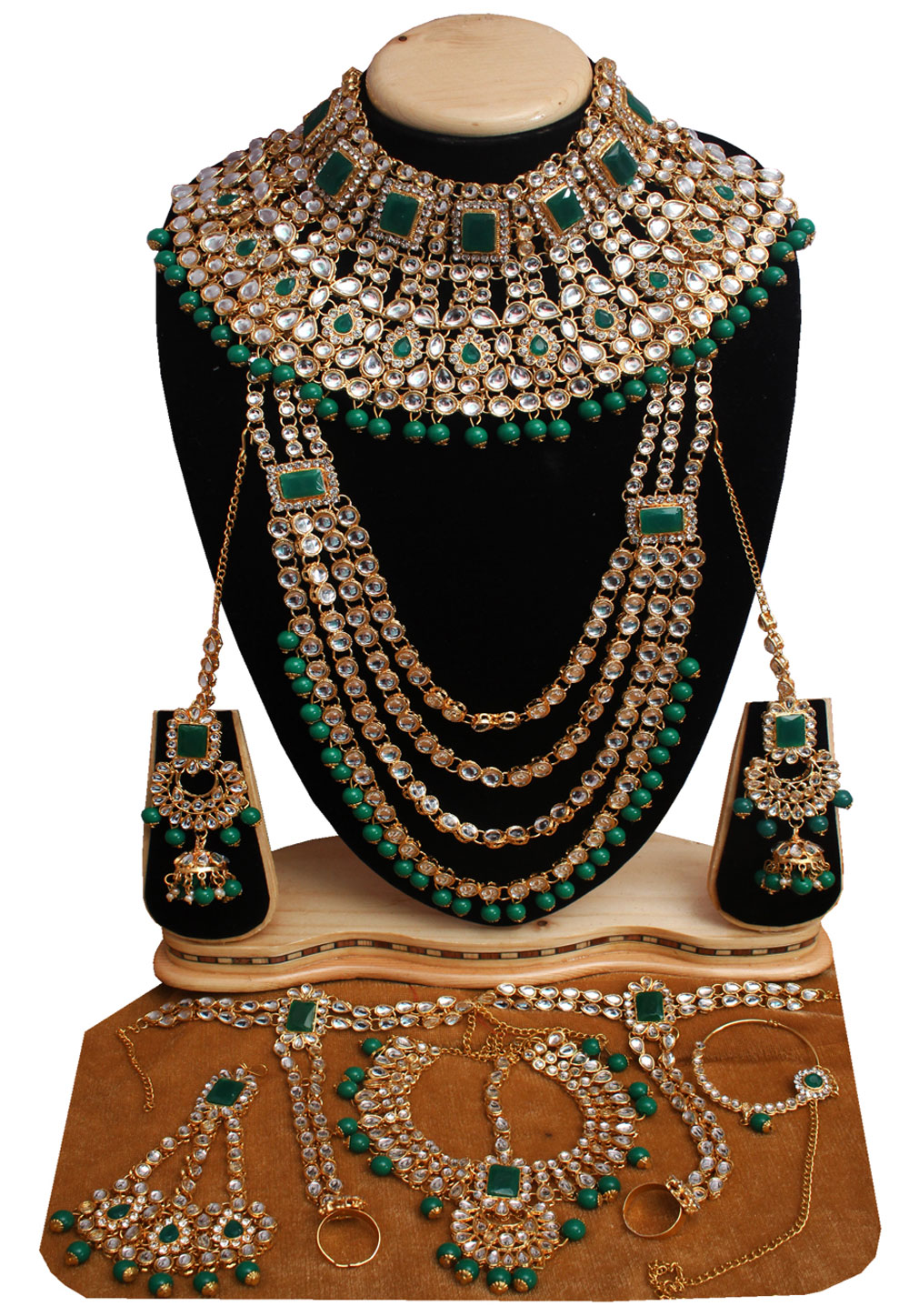 Green Alloy Necklace Set With Earrings and Maang Tikka 257276