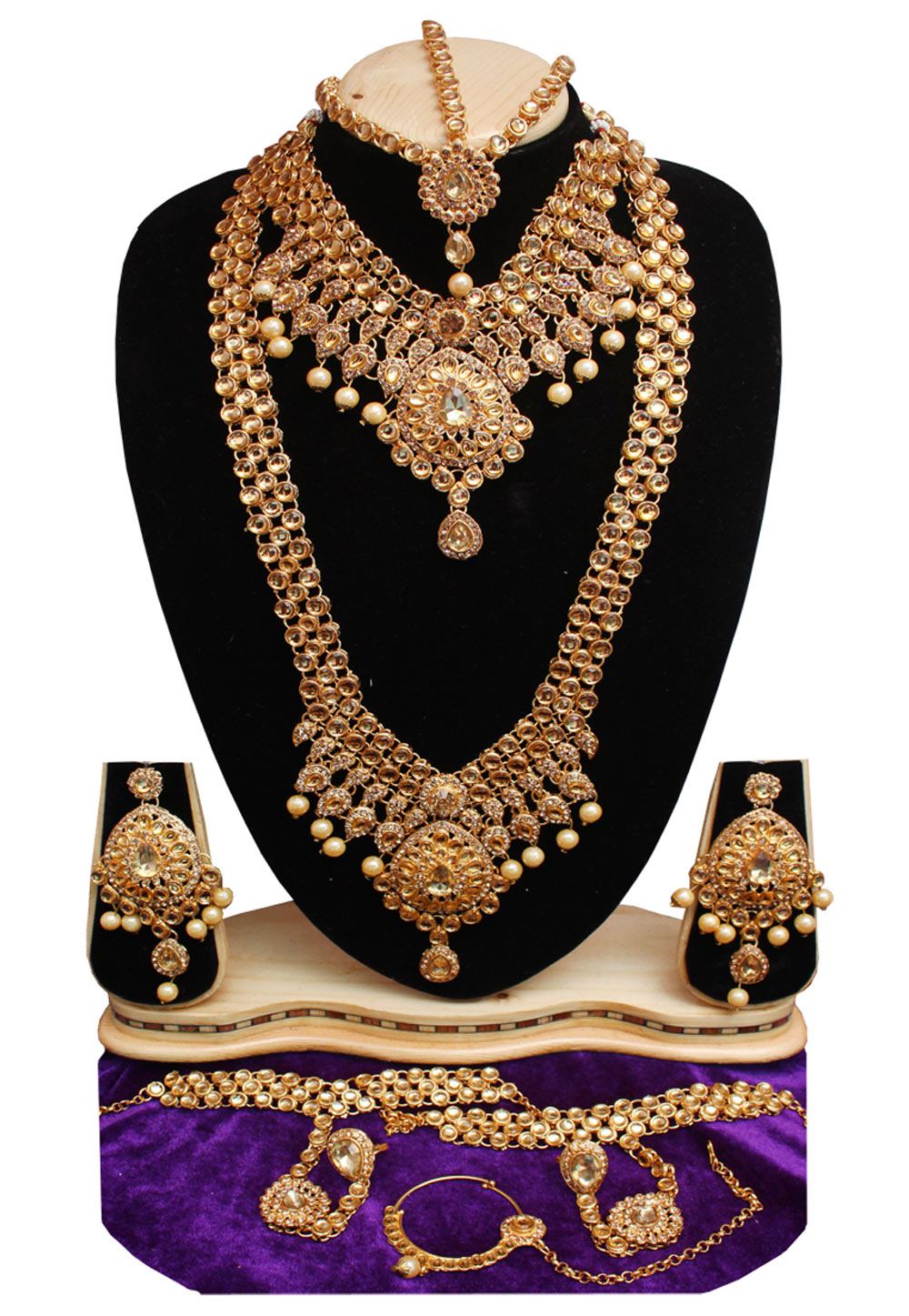 Golden Alloy Necklace Set With Earrings and Maang Tikka 257277